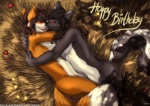 anthro blush dipstick_tail duo field fluffy fluffy_tail fur happy_birthday hug kissing love male male/male markings outside tail tail_markings furryratchet ash_harden nanabi_ashiro canid canine canis fox hybrid mammal mephitid skunk wolf digital_media_(artwork)