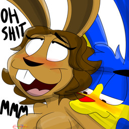 anthro blue_body blue_fur blush breasts brown_body brown_fur buckteeth duo female from_behind_position fur gaping_mouth hair male male/female open_mouth orgasm sex sucking teeth wavy_hair yellow_body yellow_fur e777 lagomorph leporid mammal rabbit 1:1 absurd_res hi_res