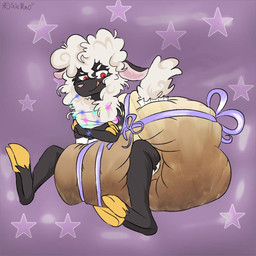 andromorph anthro big_diaper christmas_decorations christmas_lights clothed clothing diaper fur intersex ribbons sitting smug soiled_diaper solo unclean_diaper used_diaper wearing_diaper wool_(fur) diximmo stella_(shapeshifter) bovid caprine mammal sheep 1:1 hi_res