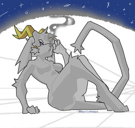 anthro antlers breasts cigarette eyelashes featureless_breasts female floppy_ears front_view holding_cigarette holding_object horn long_tail lop_ears nude purple_eyes small_breasts smoke smoking solo tail thick_thighs wide_hips yellow_antlers yellow_horn restinpeeps pseudoregalia sybil_(pseudoregalia) bovid caprine goat hybrid jackalope lagomorph leporid mammal rabbit