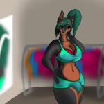 anthro big_breasts biped black_body black_fur black_nose black_sclera bra breasts brown_body brown_fur bulge cleavage clothed clothes_hanger clothing countershade_face countershade_torso countershading eyebrows fitting_room front_view fur green_hair gynomorph hair hand_behind_back hand_on_hip hung_clothing inside intersex long_hair looking_at_another looking_at_partner mirror multicolored_body multicolored_fur navel nipple_outline partially_clothed pink_eyes ponytail pose sitting solo thick_thighs tight_clothing two_tone_body two_tone_fur underwear venato venato_(venato) canid canine canis dobermann domestic_dog mammal pinscher 1:1 hi_res portrait three-quarter_portrait