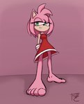 5_toes anthro barefoot black_nose clothed clothing dress feet female foot_focus green_eyes pink_body red_clothing red_dress smile solo toes tenashiart sega sonic_the_hedgehog_(series) amy_rose eulipotyphlan hedgehog mammal hi_res