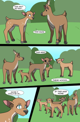 antlers black_border black_eyes black_nose blue_eyes border brown_body brown_fur clock countershade_fur countershade_neck countershade_tail countershade_torso countershading dialogue earrings_only eye_contact female female_feral feral fur grass group hooves horn looking_at_another markings nipples nude nude_female outside plant quadruped shrub smile speech_bubble standing tail tan_body tan_fur teats text watch white_body white_countershading white_markings young young_feral frankenjade deer mammal 2021 absurd_res colored comic english_text hi_res shaded