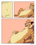 5_fingers after_vore anthro belly big_belly black_eyebrows blue_eyes burping death digestion eyebrows fatal_vore fingers male male_pred maroon_nose navel open_mouth pink_tongue solo teeth tongue vore willing_prey chubbyjam felid mammal pantherine tiger