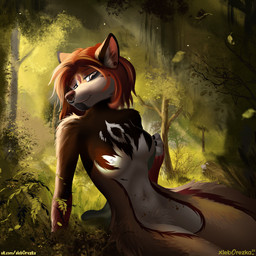 anthro black_body black_fur breasts brown_body brown_fur detailed_background facial_piercing female forest fur hair half-closed_eyes leaf medium_breasts multicolored_body multicolored_fur narrowed_eyes nose_piercing nude_anthro piercing plant red_hair sitting smug solo tan_body tan_eyes tan_fur text tree xleb0rezka canid canine fox mammal 1:1 2022 digital_drawing_(artwork) digital_media_(artwork) hi_res url watermark