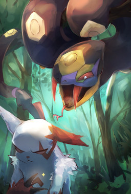 anthro attack detailed_background duo fangs feral forest fur plant teeth tree white_body white_fur hatano_kyoshi nintendo pokemon generation_3_pokemon pokemon_(species) seviper zangoose absurd_res hi_res