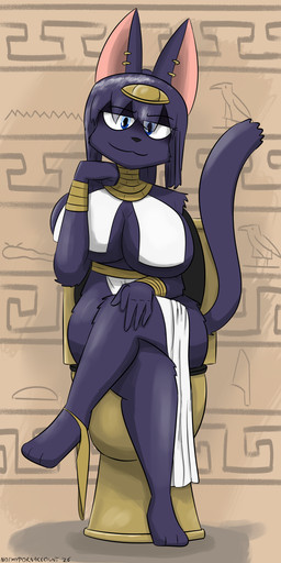 accessory anthro big_breasts black_body black_fur black_hair blue_eyes bottomwear breast_curtains breasts clothed clothing clothing_around_one_leg ear_piercing ear_ring egyptian egyptian_clothing female fur furgonomic_piercing furgonomics hair hand_on_leg hand_on_thigh huge_breasts jewelry loincloth looking_at_viewer neck_ring panties panties_around_ankle panties_around_one_leg panties_down partially_clothed piercing ponytail ring_piercing simple_background sitting smile smiling_at_viewer smirk smirking_at_viewer solo tail text thick_thighs toilet toilet_use topwear underwear underwear_around_one_leg underwear_down usekh wristband notmypornaccount egyptian_mythology middle_eastern_mythology mythology nepheti_(notmypornaccount) deity domestic_cat felid feline felis mammal 2026 absurd_res digital_media_(artwork) hi_res hieroglyphic_text