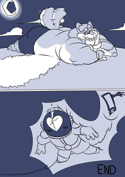 anthro arm_hair aroused belly belly_hair big_belly body_hair clothing cloud crescent_moon duo hairy_hands heart_symbol huge_belly larger_anthro larger_male looking_at_viewer male moon morbidly_obese morbidly_obese_anthro morbidly_obese_male neck_tuft obese obese_anthro obese_male overweight overweight_anthro overweight_male sharp_teeth size_difference smug smug_face smug_grin spacesuit swimming_trunks swimwear tail tail_motion tailwag teeth tuft izzyfatcat buster_(izzyfatcat) alien canid canine canis mammal wolf 2016 comic hi_res multiple_scenes
