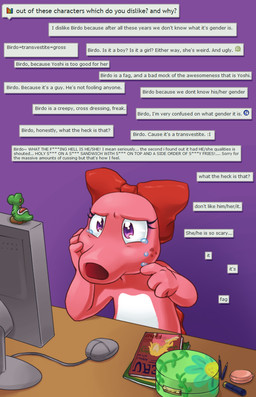 accessory ambiguous_gender anthro bodily_fluids bow_(feature) bow_accessory bow_ribbon bullying centered_hair_bow commentary computer crying electronics emoji furniture hair_accessory hair_bow hair_ribbon homophobia homophobic_slur misgendering monitor pink_body pink_skin profanity purple_eyes red_ribbon ribbons sad siphon_(anatomy) sitting slur solo table tears text transphobia pimmy deviantart mario_bros nintendo princess_peach birdo green_yoshi pink_birdo reptile scalie yoshi digital_media_(artwork) english_text half-length_portrait portrait