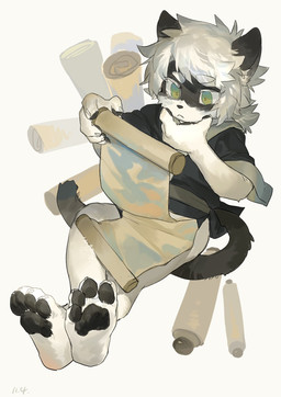 anthro asian_clothing black_body black_clothing black_fur black_nose black_pawpads chinese_clothing claws clothing crossed_legs ears_up east_asian_clothing fur green_eyes hair holding_object kemono male pawpads reading scroll sitting solo tail white_body white_fur white_hair young young_anthro young_male milkybot domestic_cat felid feline felis mammal 2020 hi_res