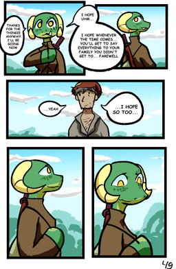 anthro clothed clothing dialogue duo female horn male melee_weapon speech_bubble sword text weapon yellow_eyes brradett lernie_(brradett) human mammal scalie absurd_res colored comic digital_media_(artwork) english_text hi_res
