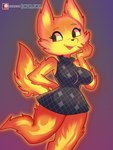 anthro big_breasts black_nose breasts claws clothed clothing dress female fingers fire flaming_hair flaming_tail looking_back open_mouth pseudo_hair sharp_teeth simple_background smile solo tail teeth tongue onigiri_punch disney elemental_(pixar) pixar ember_lumen canid canine elemental_creature fire_creature fire_fox fox mammal digital_media_(artwork) hi_res