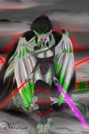 anthro breasts cleavage cloak clothed clothing cracks dark_side dual_wielding feathered_wings feathers female grey_sky highlights_(coloring) holding_object holding_weapon horn leather lightsaber lizard_tail melee_weapon paws purple_lightsaber red_lightsaber red_sun sith sky solo spikes straps stripes weapon wings shiarah star_wars shiarah_(character) canid canine canis mammal wolf 2:3 absurd_res digital_media_(artwork) hi_res