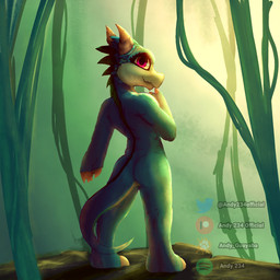 anthro butt butt_pose chibi female forest green_body jungle plant pose rear_view solo standing tail tree andy_234 mythology dragon mythological_creature mythological_scalie scalie 1:1