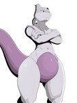 3_fingers abs ambiguous_gender anthro crossed_arms featureless_crotch fingers frown low-angle_view monotone_tail multicolored_body narrowed_eyes navel nude pear-shaped_figure pose purple_body purple_tail scowl simple_background solo tail three-quarter_view two_tone_body white_background white_body wide_hips winick-lim nintendo pokemon generation_1_pokemon legendary_pokemon mewtwo pokemon_(species) 2023 absurd_res hi_res