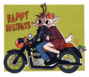 accessory ambiguous_gender anthro antlers blush bomber_jacket border bottomwear bow_ribbon canon_couple christmas_decorations christmas_lights clothing crossgender denim denim_bottomwear denim_clothing duo eyelashes female green_background hair_accessory hair_bow hair_ribbon hip_grab hoof_hands hooves horn jacket jeans leather leather_clothing leather_jacket leather_topwear motorcycle pants pattern_bottomwear pattern_clothing pattern_skirt plaid plaid_bottomwear plaid_clothing plaid_skirt red_nose ribbons simple_background skirt text topwear unguligrade vehicle white_border cutelootsuit happy_holidays rudolph_the_red-nosed_reindeer_(tv_special) clarice_(rudolph_the_red-nosed_reindeer) rudolph_the_red-nosed_reindeer deer mammal new_world_deer reindeer hi_res trans_(lore) trans_woman_(lore)