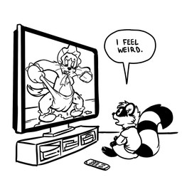 anthro bonnet clothed clothing controller diaper duo electronics handwear headgear headwear male mittens remote_control speech_bubble television toony watching_television wearing_diaper young messyszop metro-goldwyn-mayer tom_and_jerry thomas_cat domestic_cat felid feline felis mammal procyonid raccoon 1:1 digital_media_(artwork) hi_res monochrome