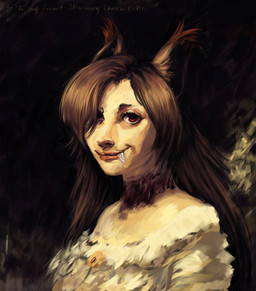brown_hair female hair hair_over_eye one_eye_obstructed painting_(object) red_eyes snaggle_tooth solo misstwipietwins foxtrot_(glacierclear) strawberry_cheesecake_(glacierclear) animal_humanoid canid canid_humanoid canine canine_humanoid fox_humanoid humanoid mammal mammal_humanoid vampire bust_portrait hi_res portrait