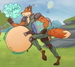 action_pose aircraft anthro balloon barefoot belly belly_expansion belly_inflation belt big_belly bloated bodily_fluids broken_zipper burp_cloud burping cheek_bulge chest_tuft chug_jug chug_jug_expansion expansion feet fluffy fluffy_tail fur holding_jug hot_air_balloon inflatable inflation male muscular muscular_anthro muscular_male navel no_pupils onomatopoeia open_belt open_jumpsuit orange_body orange_eyes orange_fur outside pose rumbling_stomach running shoulder_pads sloshing_belly solo sound_effects spiked_shoulder_pads spikes sweat sweatdrop tail text tuft vehicle zipper eggo21 epic_games fortnite fennix_(fortnite) canid canine fox mammal hi_res