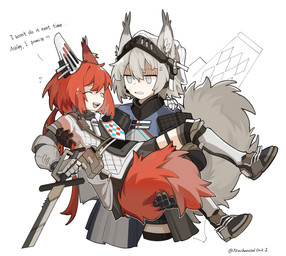 armor bottomwear clothing dialogue duo embarrassed eyes_closed female footwear gauntlets gloves grey_tail hair handwear holding_character holding_melee_weapon holding_object holding_sword holding_weapon melee_weapon red_hair red_tail shoes simple_background skirt smile sword tail text weapon white_background mechanicalowl arknights hypergryph studio_montagne ashlock_(arknights) flametail_(arknights) animal_humanoid humanoid mammal mammal_humanoid rodent rodent_humanoid sciurid sciurid_humanoid tree_squirrel_humanoid 2022 absurd_res digital_media_(artwork) english_text hi_res