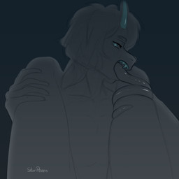 anthro duo fingers first_person_view hair half-closed_eyes hand_on_leg hand_on_thigh holding_leg holding_thigh horn long_tongue looking_at_viewer male narrowed_eyes nude open_mouth simple_background squeezing teeth teeth_showing tongue tongue_out tongue_wrap starpeeen astra_(starpeeen) bovid caprine demon goat mammal 1:1 absurd_res digital_media_(artwork) hi_res sketch