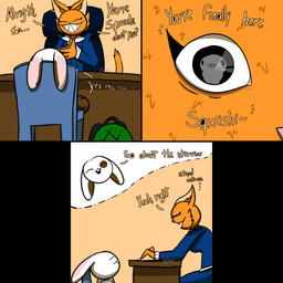 anthro chair clothing desk dialogue duo ear_piercing ear_ring eyes_closed fangs female fur furniture male male/female open_mouth orange_body orange_fur piercing ring_piercing speech_bubble suit table teeth text white_body white_fur chefrens senia_(chefrens) sqwishi_(chefrens) domestic_cat felid feline felis lagomorph mammal 1:1 comic english_text hi_res