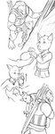 against_surface against_wall age_difference anthro avian beak black_and_white canid canine canis carrying_another carrying_over_shoulder clothed clothing comic digital_drawing_(artwork) digital_media_(artwork) duo fully_clothed fur gryphon hi_res larger_male line_art male mammal marcus_(thehades) melee_weapon monochrome mythological_avian mythological_creature mythology older_male size_difference smaller_male smile sword the_witcher thehades tobias_(thehades) weapon wolf young young_anthro younger_male