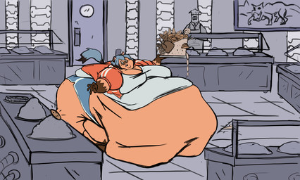 anthro belly belly_on_ground belly_overhang big_belly big_butt biped blue_hair bottomwear breasts buffet burger butt cleavage clothed clothing cookie double_chin facial_markings fat_arms fat_legs fat_rolls female food food_pile gloves hair handwear head_markings holding_object holding_plate huge_belly huge_butt hyper hyper_belly hyper_butt immobile inside jacket judging leg_markings markings mask_(marking) meat morbidly_obese morbidly_obese_anthro morbidly_obese_female navel obese obese_anthro obese_female orange_body overweight overweight_anthro overweight_female plate reaching sagging_butt shirt shorts socks_(marking) solo standing struggling tail topwear undersized_clothing oda-lee brand_new_animal studio_trigger michiru_kagemori canid canine mammal raccoon_dog tanuki 2021 absurd_res digital_media_(artwork) hi_res partially_colored