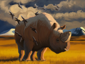 ambiguous_gender cloud feral fur grass grey_body grey_cloud grey_fur horn mountain plant quadruped sky agustindiazart ambient_bird elasmotherium mammal rhinoceros 2025 4:3 hi_res