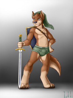 anthro balls_outline bulge clothing detailed_bulge genital_outline male melee_weapon shield solo suggestive sword underwear weapon iztli nintendo the_legend_of_zelda canid canine canis domestic_dog mammal 2014 absurd_res better_version_at_source digital_media_(artwork) hi_res shaded