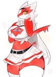 2023 anthro anthrofied belt big_breasts bottomwear breasts clothed clothing crop_top female generation_3_pokemon hi_res huge_thighs latias legendary_pokemon looking_at_viewer midriff nintendo pokemon pokemon_(species) red_body shirt simple_background skirt smile solo thick_thighs togetoge topwear white_background wide_hips yellow_eyes
