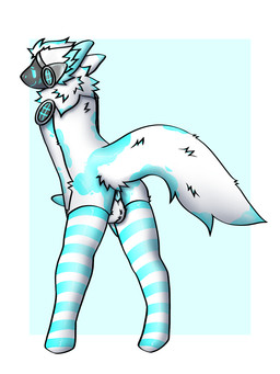 anthro anus balls blue_clothing blue_legwear blue_thigh_highs butt clothing fluffy fluffy_tail genitals hair hip_tuft inner_ear_fluff legwear looking_at_viewer looking_back machine male pattern_clothing pattern_legwear pattern_thigh_highs penis presenting presenting_hindquarters shy solo spread_legs spreading striped_clothing striped_legwear striped_thigh_highs stripes tail thigh_highs tuft visor kyaro protogen 3:4 hi_res