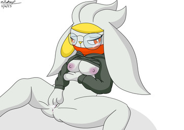anthro anus bodily_fluids breasts butt clothing cum cum_on_anus cum_on_hand cum_on_vulva eyewear female fingering fur genital_fluids genitals glasses green_clothing green_hoodie green_topwear grey_body grey_fur hand_on_body hoodie looking_at_viewer looking_pleasured masturbation nipples red_eyes solo spread_legs spreading topwear vaginal vaginal_fingering vaginal_masturbation vulva mrraboot nintendo pokemon generation_8_pokemon lagomorph leporid mammal pokemon_(species) rabbit raboot 2023 absurd_res dated digital_drawing_(artwork) digital_media_(artwork) hi_res signature
