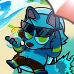 anthro beach beverage biped blue_body bottomwear clothing detailed_background eyewear humanoid_hands kemono outside seaside shorts sitting solo sunglasses water kokushiki asian_mythology east_asian_mythology japanese_mythology mythology raijin_(mythology) tanpachi canid canine mammal raccoon_dog tanuki 1:1 2022