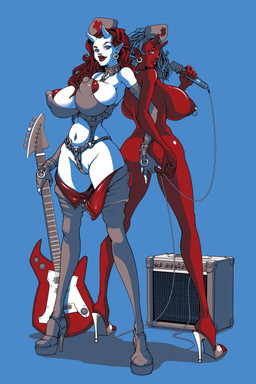 amplifier areola big_breasts breasts butt clothed clothing duo electric_guitar electronics erect_nipples female female/female fingering footwear guitar hat headgear headwear high_heels huge_breasts microphone musical_instrument navel nipple_piercing nipples not_furry nude nurse nurse_clothing nurse_hat nurse_headwear piercing platform_footwear platform_heels plucked_string_instrument shoes skimpy string_instrument andr01d demon 2015 2:3 hi_res