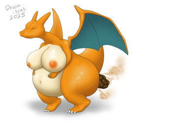 anthro areola belly big_belly big_breasts breasts eyes_closed fart fart_cloud feces feces_in_ass female holding_belly multicolored_body navel nipples nude orange_body pooping simple_background solo tan_body two_tone_body white_background wings drain_scat nintendo pokemon charizard generation_1_pokemon pokemon_(species) 2025 3:2 hi_res