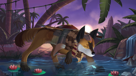 ambiguous_feral ambiguous_gender armor black_nose clothed clothing day detailed_background feral outside partially_submerged quadruped sky solo standing sun water discordthege canid canine mammal 16:9 colored digital_media_(artwork) hi_res widescreen