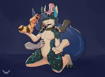 andromorph anthro black_claws blue_body blue_fur blue_hair blue_inner_ear_fluff blue_markings blue_tail bodily_fluids claws collar disembodied_foot ear_piercing facial_piercing feet feet_everywhere fur genitals group hair horn inner_ear_fluff intersex kneeling looking_at_another looking_pleasured markings nose_piercing piercing pink_eyes saliva saliva_on_pawpads saliva_string septum_piercing simple_background submissive tail tongue tongue_out tuft vulva white_body white_fur minze mythology monarch_(tab) canid canine canis dragon hybrid mammal mythological_creature mythological_scalie scalie wolf hi_res nonbinary_(lore)