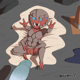 2_toes 3_fingers 4_arms 4_eyes anthro bedding big_penis blanket detailed_background disembodied_penis duo feet female fingers genitals happy high-angle_view humanoid_genitalia humanoid_penis imminent_sex loli lying lying_on_ground male male/female multi_arm multi_eye multi_limb neonate nude on_back on_ground penis plump_labia spread_legs spreading toddler toes tongue tusks vulva young young_female young_humanoid mercumius bungie destiny_(series) alien alien_humanoid eliksni humanoid 1:1 hi_res signature