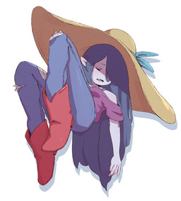 boots breasts clothed clothing eyes_closed female footwear fully_clothed hair hair_over_eye hat headgear headwear humanoid_pointy_ears not_furry one_eye_obstructed pointy_ears red_boots red_clothing red_footwear shoes simple_background solo sun_hat white_background roxy_prog adventure_time cartoon_network marceline_abadeer humanoid vampire 2021 digital_media_(artwork) hi_res shaded