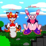 anthro breasts defeated duo falling female fur gameplay_mechanics genitals gui hands_above_head health_bar pawpads paws pussy raised_foot spread_legs spreading tail ima_thing palworld platformer_death_pose pocketpair lovander mammal pal_(species) wixen absurd_res hi_res