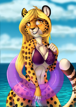 abs amber_eyes anthro athletic athletic_anthro athletic_female bikini black_nose black_spots blonde_hair breasts chest_tuft clothing cloud countershade_face countershade_legs countershade_neck countershade_thighs countershade_torso countershading day detailed_background female fingerless_(marking) fur grin hair inflatable inner_tube long_hair markings orange_body orange_fur outside pool_toy purple_bikini purple_clothing purple_inner_tube purple_swimwear sea seascape sky smile solo spots spotted_body spotted_fur string_bikini swim_ring swimwear tail tuft two-piece_swimsuit water white_body white_countershading white_fur yellow_body yellow_fur rika_(artist) mihari cheetah felid feline mammal 2015 digital_media_(artwork)