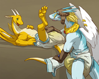 anthro biped blue_body bodily_fluids brown_clothing brown_gloves brown_handwear brown_headwear clothed clothing diaper diaper_change duo feathered_wings feathers feces furgonomic_piercing furgonomics genital_fluids gloves green_eyes handwear headgear headwear male membrane_(anatomy) membranous_wings open_mouth open_smile piercing quadruped sagging_diaper simple_background smile soiled_diaper topless unclean_diaper urine used_diaper wearing_diaper wet_diaper wing_piercing wings yellow_body crackajackin legendz mythology kicks_(kicks) shiron dragon mythological_creature mythological_scalie scalie 2014 digital_media_(artwork)