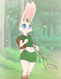 anthro backpack blue_eyes bottomwear branch clothed clothing detailed_background ears_up female forest fully_clothed fur furgonomics holding_object midriff navel outside pink_nose plant skirt smile solo tail tail_through_skirt tree white_body white_fur kionant lagomorph leporid mammal rabbit 2021 digital_media_(artwork) hi_res signature