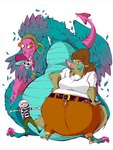 anthro belly big_belly blue_body breasts brown_hair butt clothing female group hair huge_belly monobutt overweight shirt size_difference tongue tongue_out topwear trio white_clothing white_shirt white_topwear wings d._e._belton_(artist) bruna_(d.e.belton) monroe_(d.e.belton) avian human mammal monster 2014