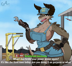 5_fingers anthro armor barrel belt belt_buckle big_breasts breasts buckle claws cleavage clothed clothing dialogue female finger_claws fingerless_gloves fingers gloves handwear hat headgear headwear horn humanoid_hands looking_at_viewer machine mechanic muscular non-mammal_breasts open_mouth outside overalls post-apocalyptic power_armor solo tail teeth teeth_showing text thick_thighs tongue tools wasteland wide_hips wrench good4life4ever fallout microsoft deathclaw scalie english_text