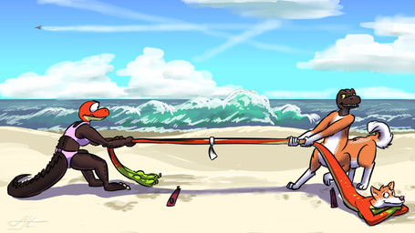 3_toes 4_fingers 4_legs 4_toes anthro arched_soles arm_tuft barefoot beach belly bent_legs bikini bikini_thong biped black_eyes breasts brown_body brown_scales claws clenched_teeth clothed clothing countershade_feet countershading crossed_arms curled_tail detachable detachable_head ear_tuft elbow_tuft fangs feet fingers floating_eyebrows fluffy fluffy_tail footprint footsteps fur glance glancing_back gloves_(marking) green_body green_scales grinning_at_another group half-closed_eyes humanoid_feet humanoid_hands humanoid_heel leg_markings looking_aside looking_at_another looking_back looking_back_at_another lying male markings modular multicolored_body multicolored_fur multicolored_scales narrowed_eyes nude nude_anthro nude_male on_front open_mouth open_smile orange_body orange_fur outside pawprint paws pink_bikini pink_bikini_bottom pink_bikini_top pink_clothing pink_swimwear plantigrade realistic red_body red_scales sand scales sea side_view skimpy smile smiling_at_another smirking_at_another socks_(marking) soles spikes spikes_(anatomy) standing stretchy stretchy_belly stretchy_limbs stripes swimwear tail teeth thick_tail three-quarter_view tidal_wave toe_claws toes tongue tongue_out toony toothy_grin trail trio tuft tug_of_war two-piece_swimsuit two_tone_body two_tone_fur two_tone_tail water white_belly white_body white_fur white_hands white_sclera white_toe_claws yellow_belly yellow_body yellow_scales yellow_sclera hexadoodle microsoft the_elder_scrolls hex_(hexadoodle) knaxia_(knaxia) pamiiruq amphibian argonian canid canid_taur canine canine_taur canis dog_taur domestic_dog frog husky husky_taur mammal mammal_taur nordic_sled_dog scalie spitz taur 16:9 2021 colored digital_drawing_(artwork) digital_media_(artwork) hi_res shaded widescreen
