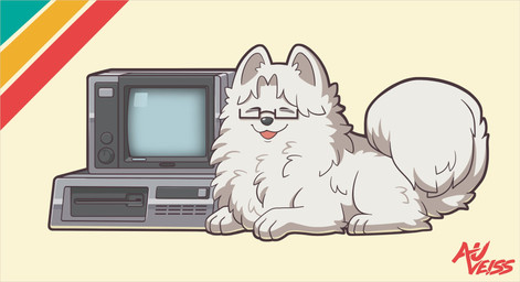 ambiguous_gender black_nose computer electronics eyes_closed eyewear feral feralized fluffy fluffy_tail fur lying on_front open_mouth open_smile paws quadruped smile solo sunglasses tail white_body white_fur auveiss matthew_graceford_(auveiss) melissa_graceford_(auveiss) canid canine mammal 2026 hi_res