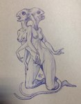 body_horror breasts conjoined conjoined_twins female forked_tail humanoid_pointy_ears kneeling nipples nude open_mouth pointy_ears simple_background solo tail unusual_anatomy unusual_tail himeragoldtail humanoid 2016 hi_res monochrome signature traditional_media_(artwork)