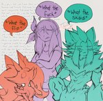 anthro braided_hair chest_tuft crossed_arms dialogue female group hair inner_ear_fluff long_hair male profanity size_difference snout speech_bubble surprise surprised_expression text trio tuft thwillartz nintendo pokemon vaporeon_copypasta felisha_(thwillartz) pardonne yanuna braixen canid canine felid feline generation_6_pokemon generation_7_pokemon human legendary_pokemon mammal pokemon_(species) zeraora 2024 english_text meme signature